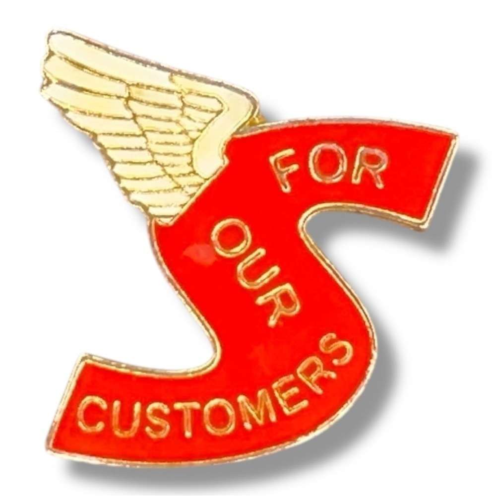 Vintage Customer Service Pin Red Gold Wings Retro Business Employee